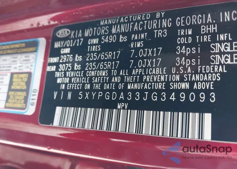 2018 Kia Sorento 2.4L Lx z USA, uszkodzony, nr VIN 5XYPGDA33JG349093